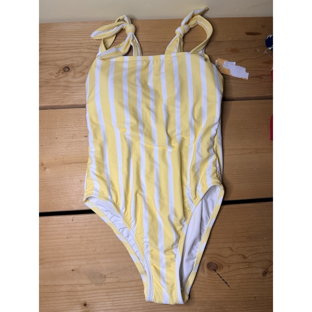 Kona Sol One Piece yellow White striped swimsuit size Small Beach Summer! NWT